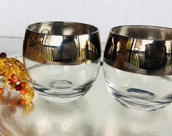 Kitchen Drinkware Two Glasses Gold Trim Vintage Glassware Leaf Pattern Libbey Roly Poly Tumblers Granny Chic.