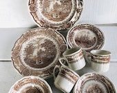 20 piece set of American Brown Ironstone by J G Meakin England dinner plate salad plate bowl cup saucer Brown transferware American History