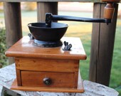 Antique wooden coffee grinder w cast iron crank, spice grinder, vintage french kitchen decor, vintage wooden coffee mill, coffee shop decor