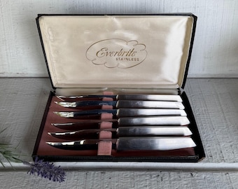 Steak Knives Set of 6, Everbrite Italy Vintage Stainless Steel Table Knives in Original Box, Mid Century Italian Cutlery, MCM Kitchen Gift