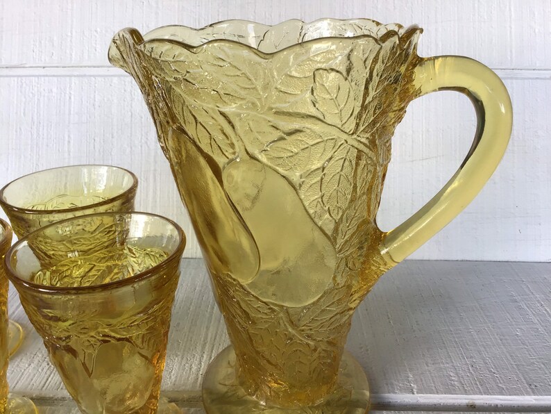 Yellow Amber Tiara Glass Sweet Pear Pitcher and 4 Glasses Set Etsy