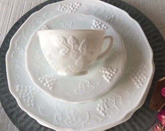 12 pc Vintage white milk glass dinner plate cup saucer Colony Harvest Milk glass dinner plate white glass dinner plates sweetheart table