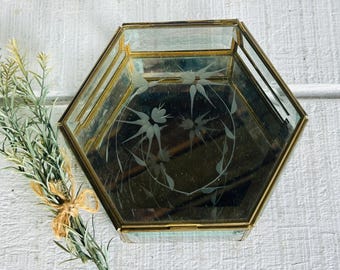 Vintage brass and beveled glass display box metal and glass display case geometric shape vintage brass  glass box jewelry storage box etched