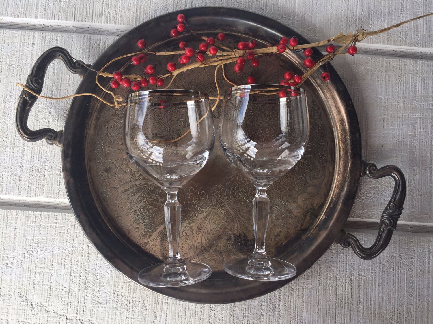 2 Vintage Silver Band Wine Glasses Platinum Rim