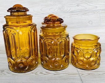 Moon and Stars canisters LE Smith amber glass canister Smith Moon Stars Flour Sugar Coffee Tea apothecary jar storage jar jardiniere tobacco