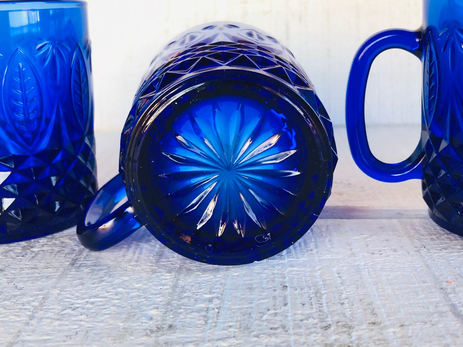 Avon Royal Sapphire Mug Cobalt Blue Glass Mug Elongated Leaves Etsy