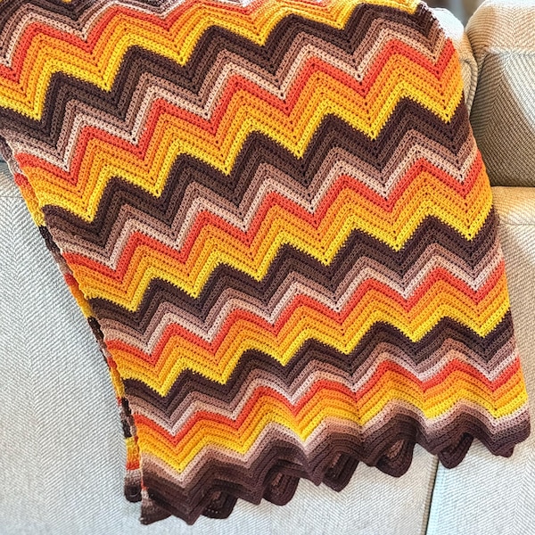 Vintage Chevron Afghan Blanket, 1970s Hand Crocheted Ripple Throw, Brown Orange Yellow Cream Autumn Colors, Retro Boho Zig Zag Sofa Blanket