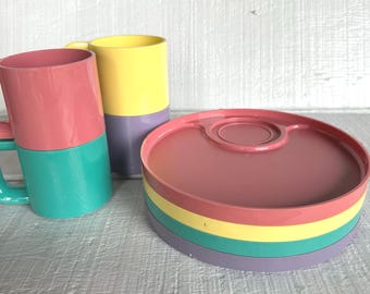 8 pc Retro PASTEL color picnic set by Ingrid Chicago colorful stacking plate cup vintage plastic plate mug travel trailer picnic camping set