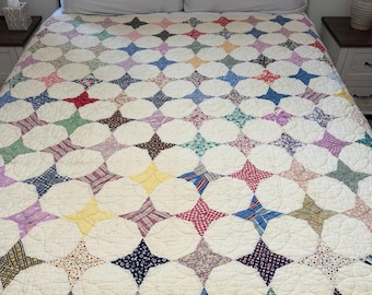 Antique Periwinkle Hummingbird Quilt 1930s 1940s, Hand Quilted Four Point Stars, Colorful Cotton Patchwork, 74 x 64