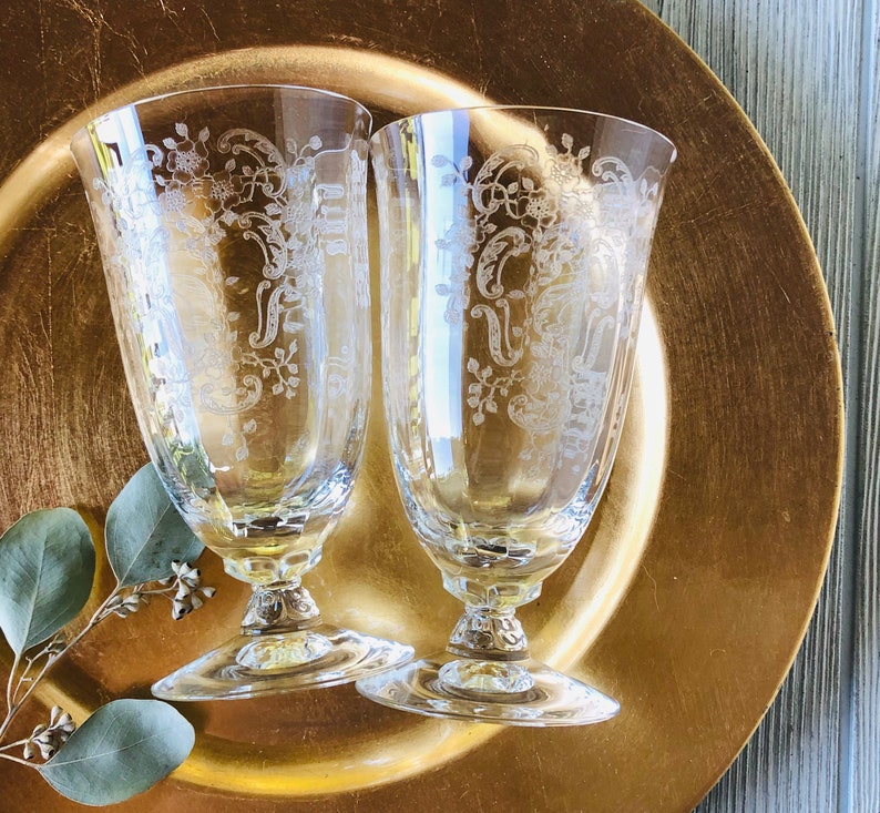 1930s 1940s FOSTORIA Meadow Rose Clear ICED TEA glasses Vintage Glassware etched tall water goblet embossed rose crystal floral replacements image 1