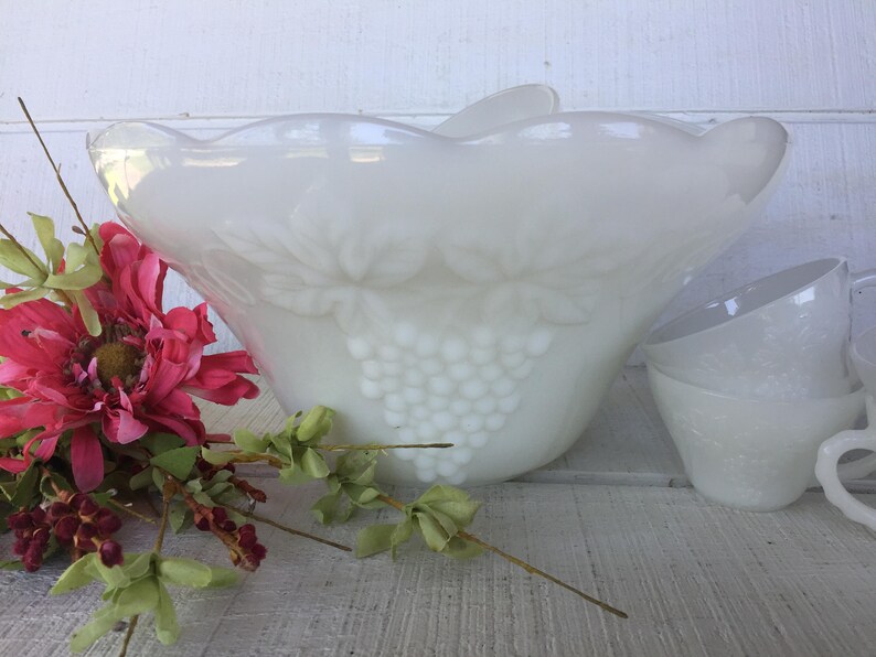Vintage Milk Glass Punch Bowl and Punch Cups White Glass Etsy