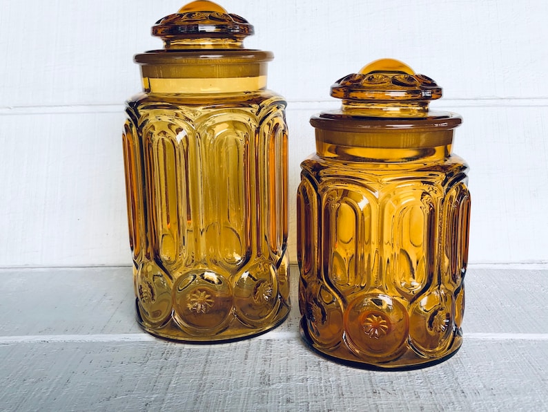 Moon and Stars canisters LE Smith amber glass canister Smith Moon Stars Flour Sugar Coffee Tea apothecary jar storage jar jardiniere tobacco 