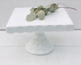 Vintage Square Milk Glass Cake Stand, Pedestal Cake Plate, Wedding Cake Plate, Vintage white glass square pedestal plate, Cake serving Plate