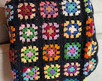 Vintage Granny Square Afghan Blanket, Black Multicolor Crochet Bedspread, Large Retro Queen Bed Topper 72 x 96