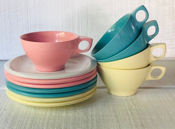 12 Pc Set Pastel 1950 s Melmac BOONTONWARE Cups Dessert Plate Pink Blue Yellow White Mid Century Melamine Camping Picnic Plate Atomic Dishes Etsy