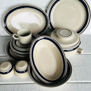 Chateau Cobalt Blue YAMAKA Stoneware Dinner salad plate bowl vintage Japan Handpainted dinnerware blue brown bands beige speckled