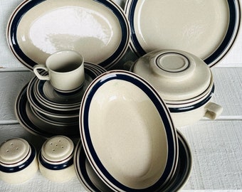 Chateau Cobalt Blue YAMAKA Stoneware Dinner salad plate bowl vintage Japan Handpainted dinnerware blue brown bands beige speckled