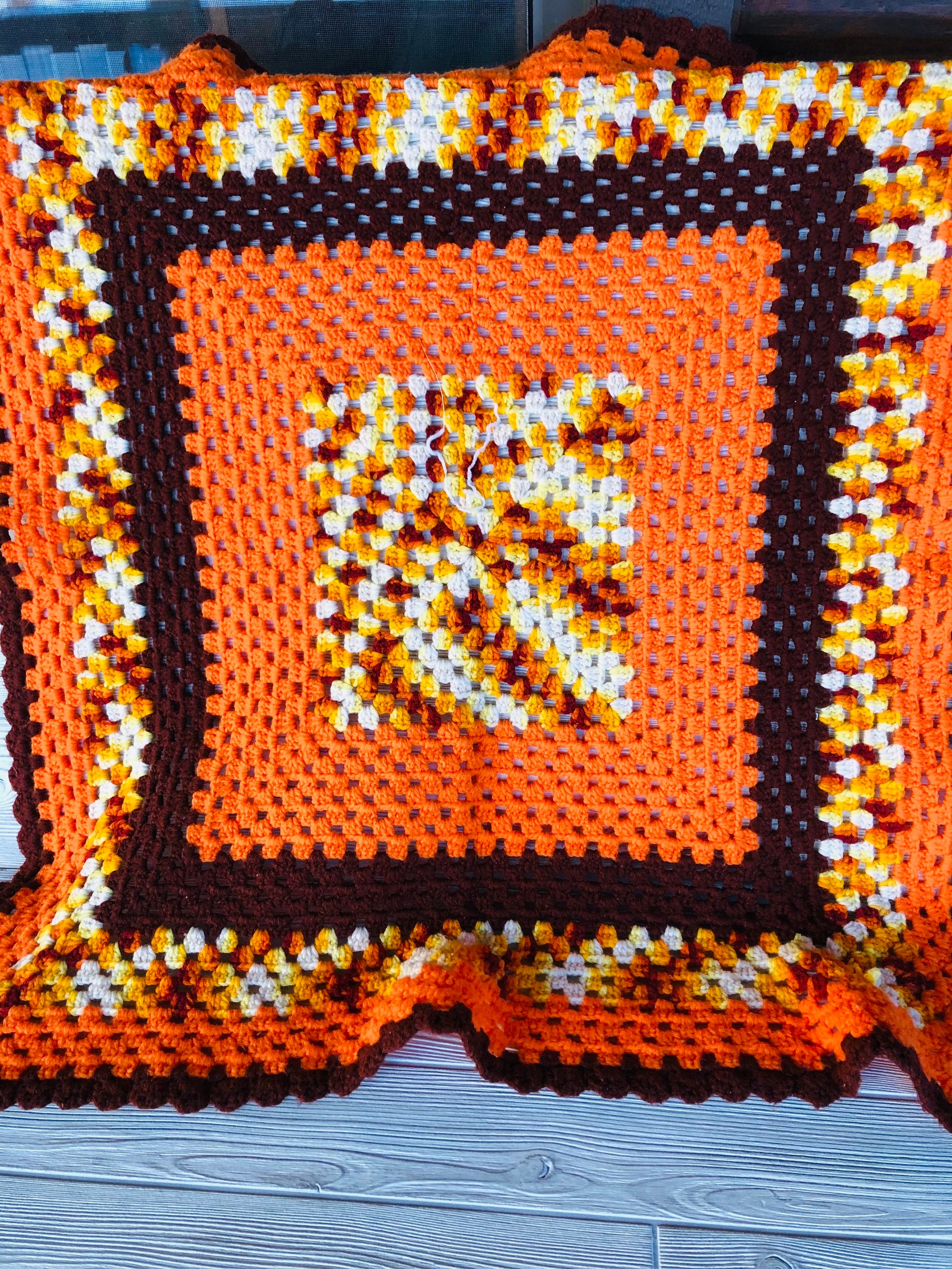 Vintage 1970s Granny Square Afghan, Orange Gold Cream Burgundy, 36