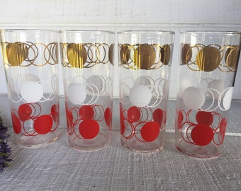 Vintage barware glasses, Federal Glass Mid Century tumblers orange white and gold circles RETRO bar glasses Mid Century bar, retro glasses