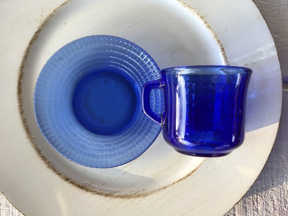 Vintage Blue Glass Cup and Saucer Set Cobalt Blue Mug and Saucer