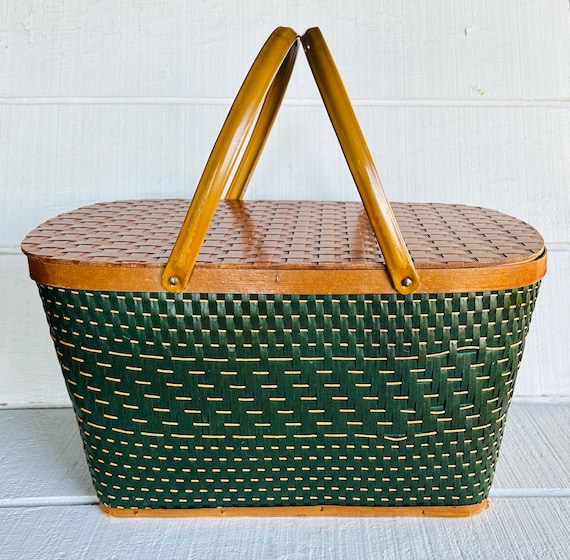 Vintage Hawkeye Green Picnic Basket Medium Green Brown Weave