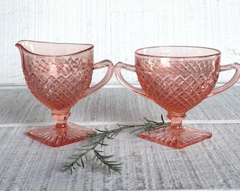 Jeannette Windsor Pink Glassware Open Sugar Bowl, Creamer and Sugar, Antique 1936–1946 Depression Glass Replacement Pieces
