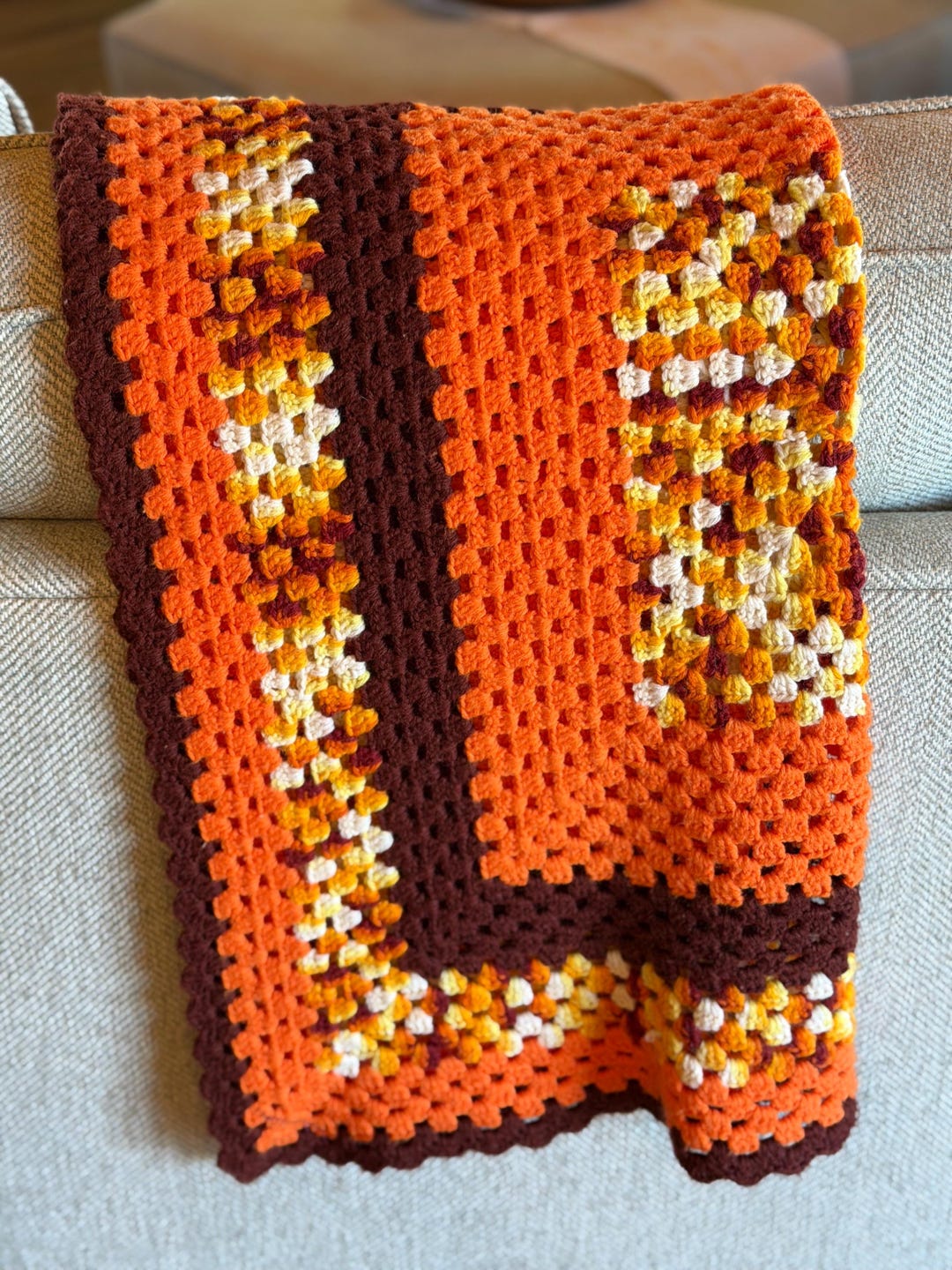 Vintage 1970s Granny Square Afghan, Orange Gold Cream Burgundy, 36