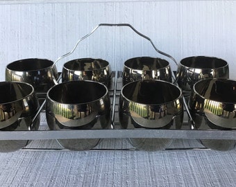 9 piece SET ~ 1950s 60s Silver Roly Poly Beverage Set Dorothy Thorpe style whiskey tumblers silver 8 roly poly cocktail set Mid Century bar