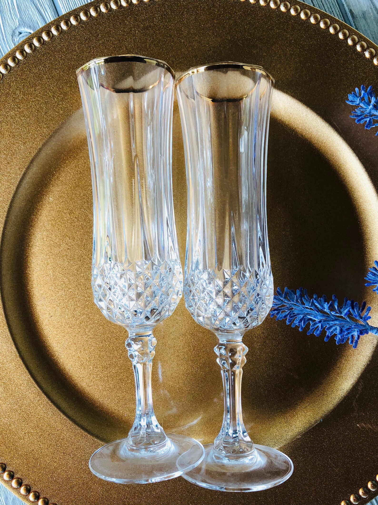Vintage lead crystal champagne flutes gold rim Cristal D Etsy