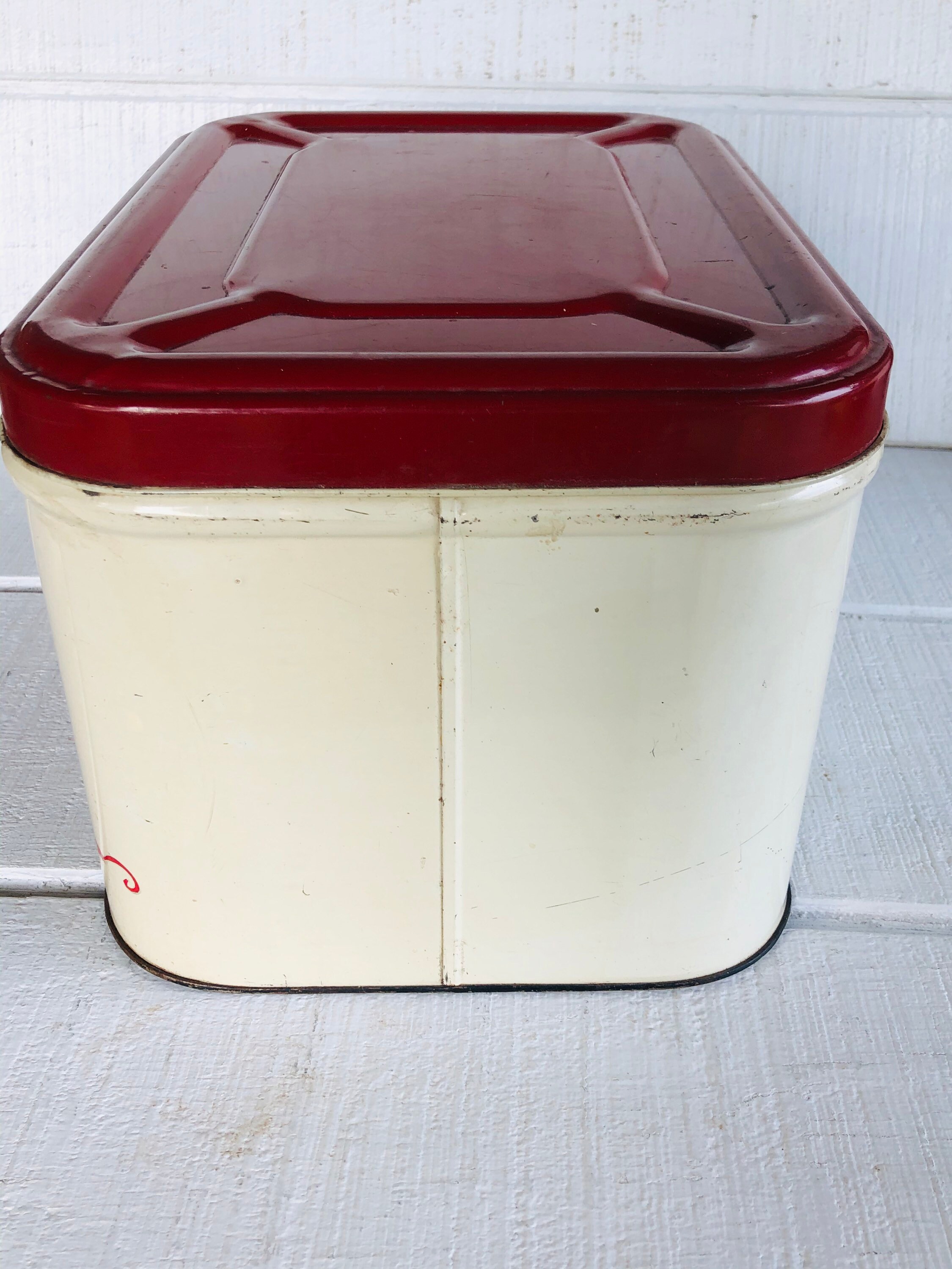 Vintage Distressed Metal Bread Box Fruit Design Red Orange