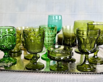 Vintage Green Glass Goblets - Choose Your Glass mid century green glassware wine glasses water goblets coupe champagne mismatched goblet set