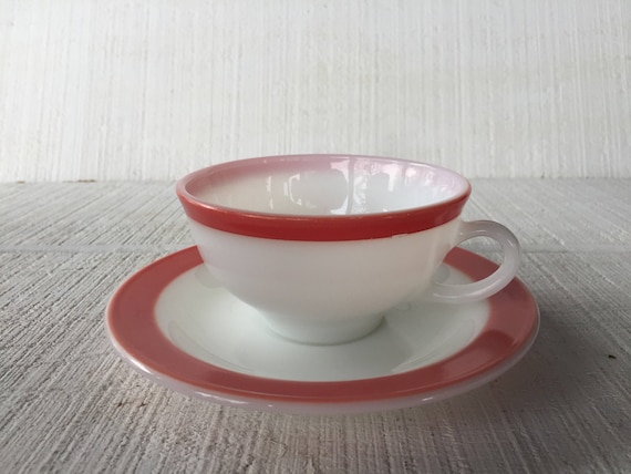 Vintage Pyrex Opalware Coral Band / Gold Trim Cup and Saucer