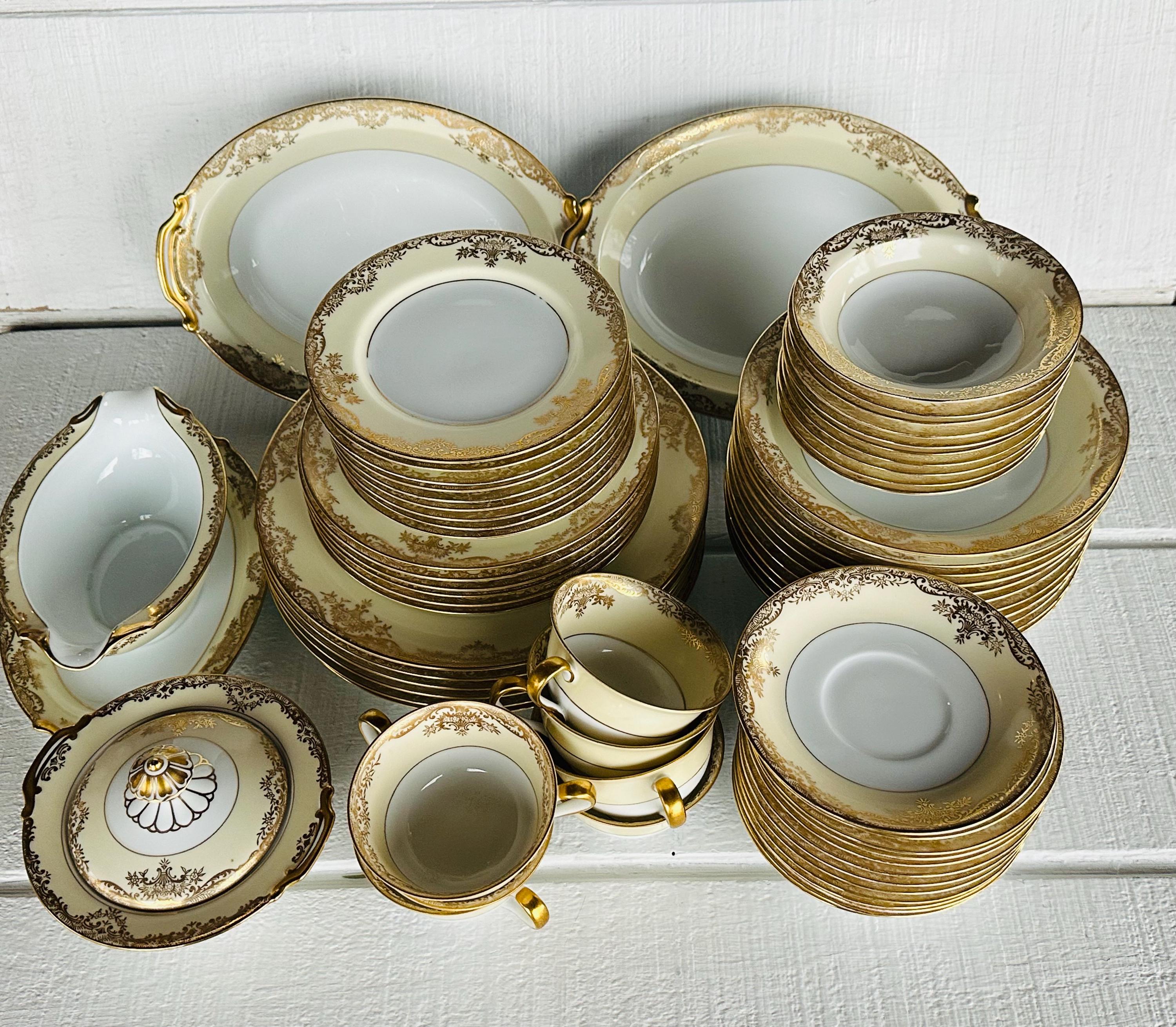 66 Pc Set of Noritake Grafton Japan 1918 Gold Edge Floral Scroll