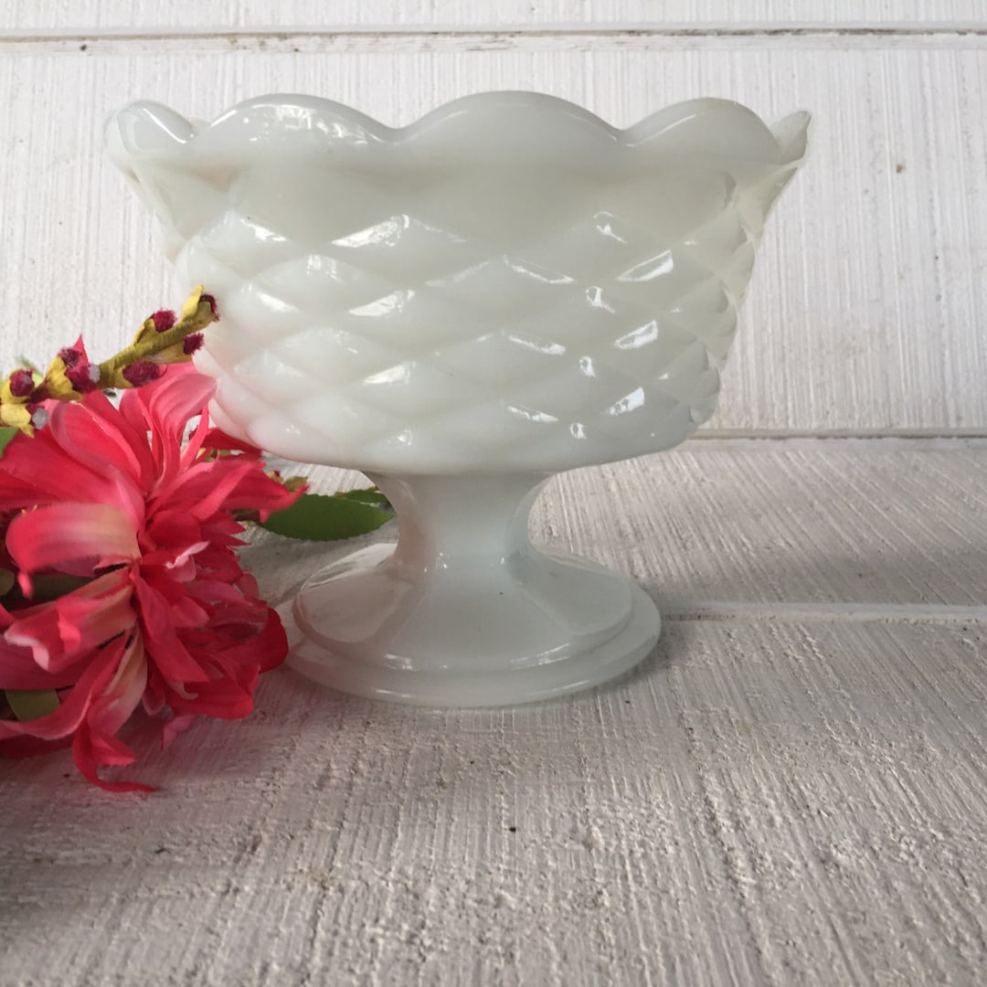 Vintage White Milk Glass Pedestal Bowl White Glass Candy Etsy