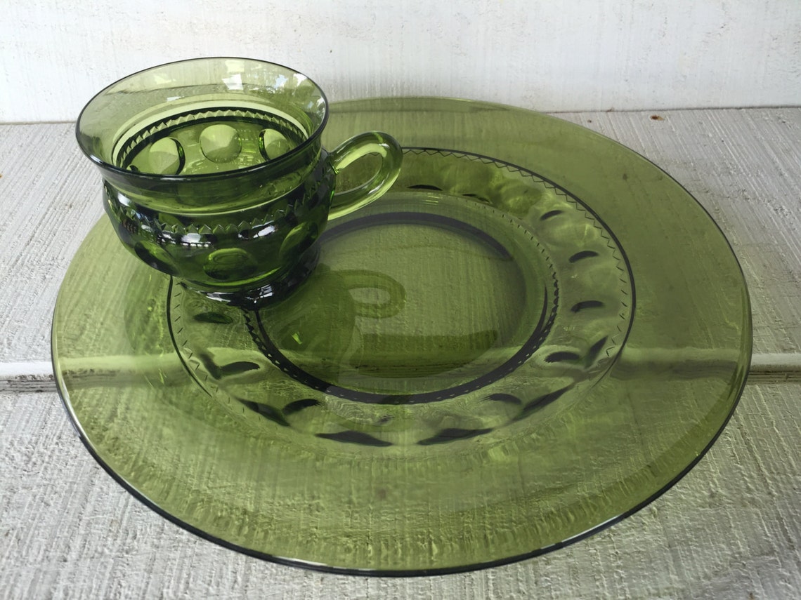 Vintage Green Glass Snack Plates and Cups Crown Green Kings Etsy