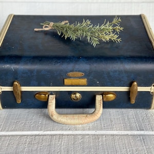 May include: A vintage navy blue suitcase with cream-colored trim and brass hardware. A small bundle of greenery rests on top. The suitcase has a handle and a lock, suggesting it is designed for travel.