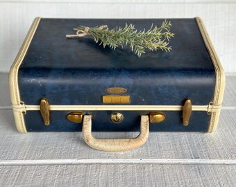 Vintage 50's Samsonite Luggage 13x15 hard case Suitcase Samsonite Carry On Suitcase Mid Century Luggage MCM suitcase travel decor blue cream