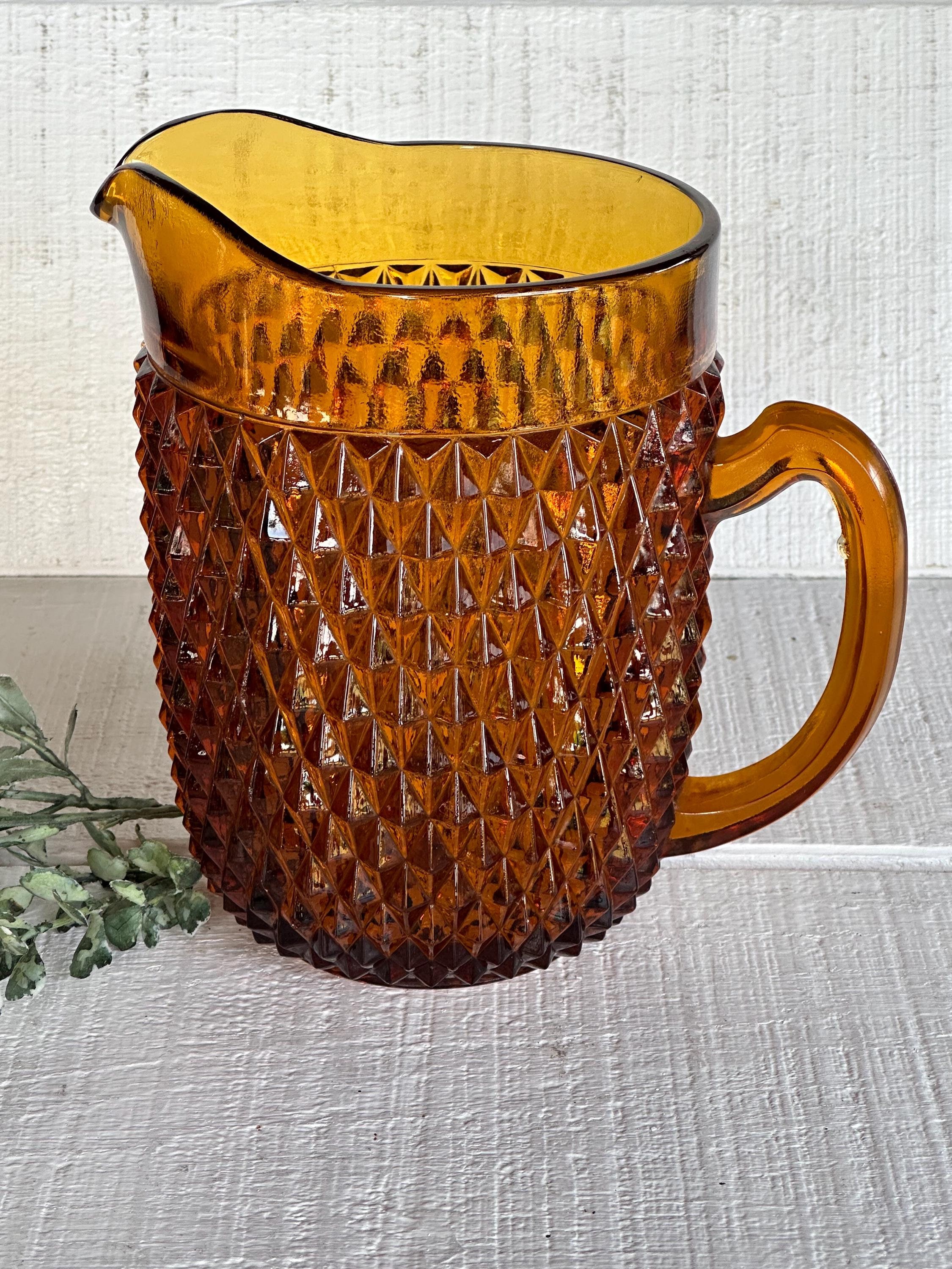 Vintage 52 Oz Diamond Point Pitcher AMBER Glass Cameo Tiara