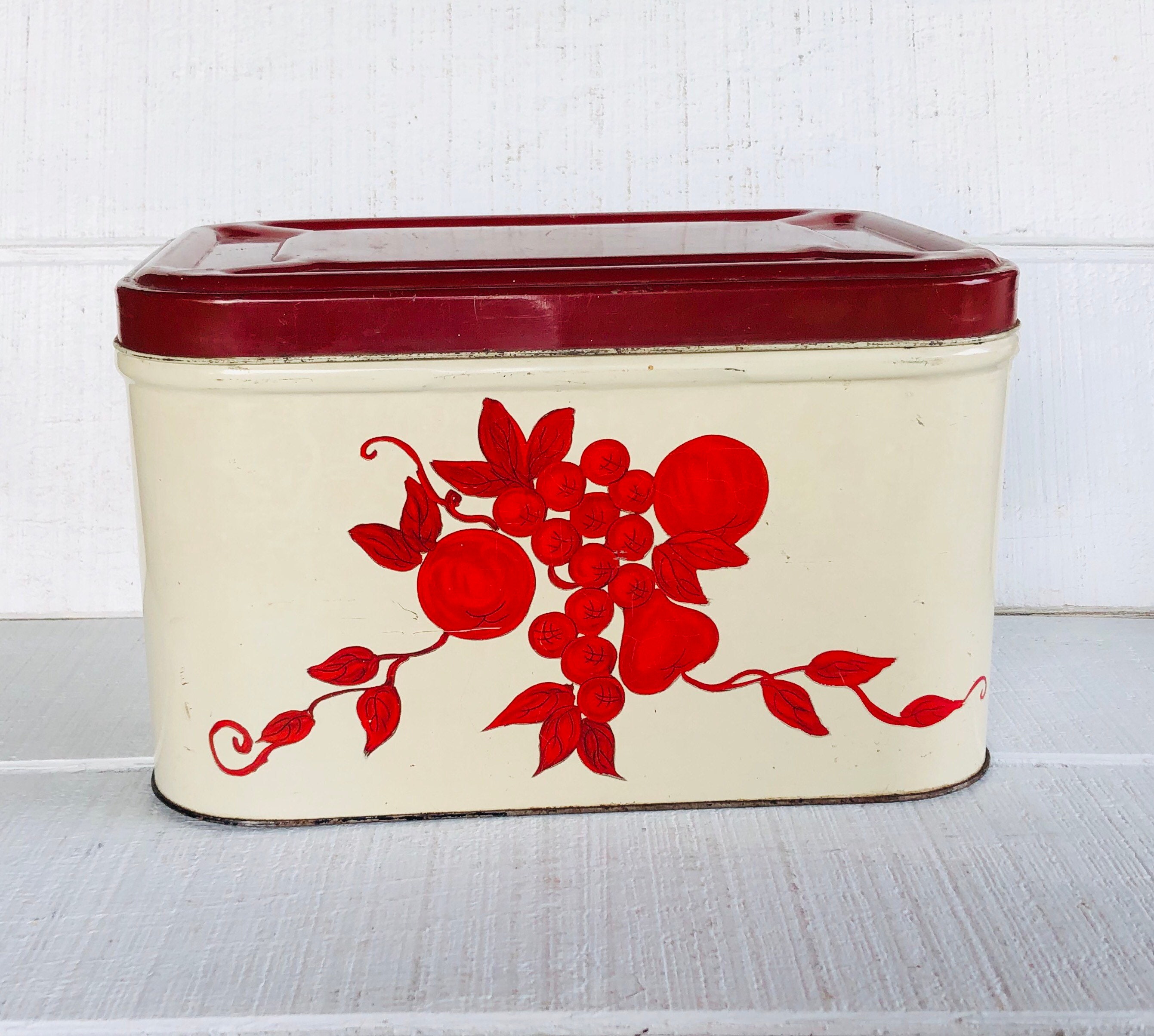 Vintage Distressed Metal Bread Box Fruit Design Red Orange