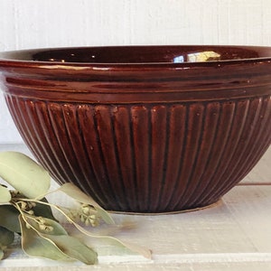 May include: A large, round, brown ceramic mixing bowl with vertical ribbed detailing. The bowl has a glossy finish and a wide rim. The background is a light-colored surface with some greenery.