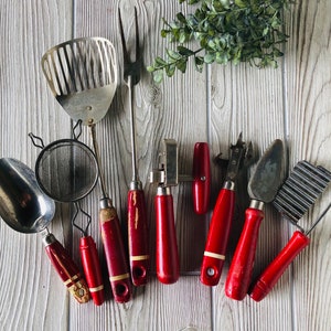 8 pc Primitive Red yellow handled kitchen utensil 40s vintage kitchen Mid century kitchen decor antique utensils rustic strainer fork scoop