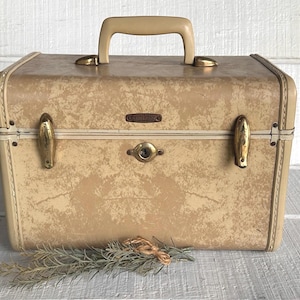 May include: Vintage Samsonite beige suitcase with a tan handle and gold-toned hardware. The rectangular case features a textured surface, a keyhole lock, and a small Samsonite label. A sprig of greenery rests in front of the suitcase.