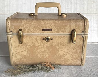 May include: Vintage Samsonite beige suitcase with a tan handle and gold-toned hardware. The rectangular case features a textured surface, a keyhole lock, and a small Samsonite label. A sprig of greenery rests in front of the suitcase.