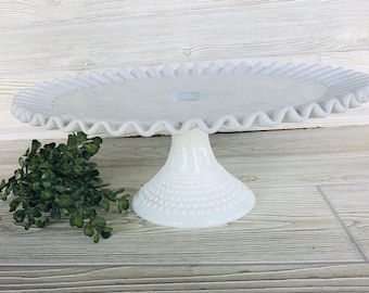 Vintage 13" Hobnail Milk Glass Wedding Cake Stand Fenton Pedestal Cake Plate White Decor Milk Glass Hobnail Cake Stand Crimped Ruffled edge