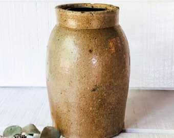 Primitive salt glaze crock antique stoneware crock Vintage Salt Glazed Grey Beige Stoneware Bohemian Jar Primitive Farmhouse Utensil Holder