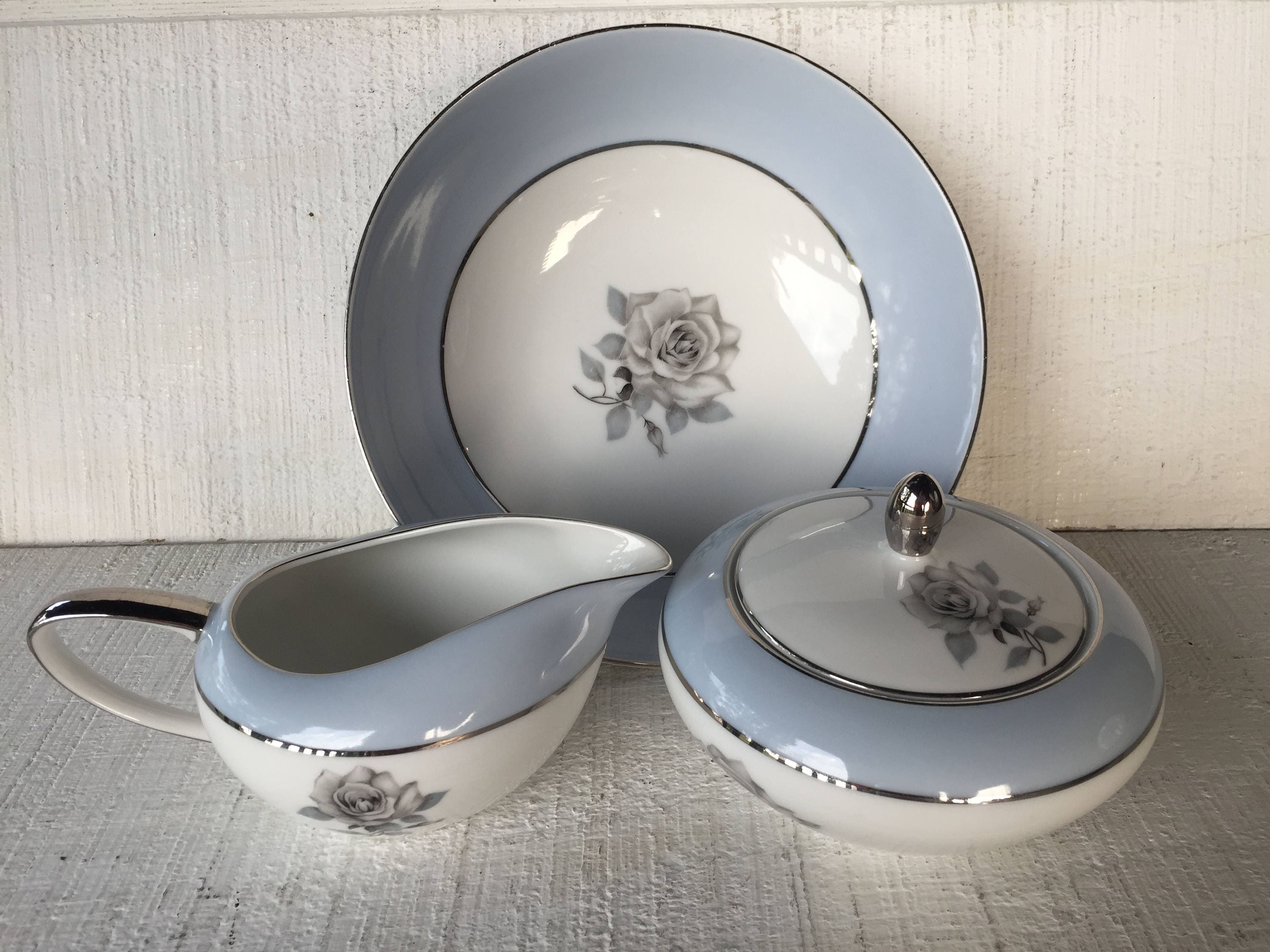 Vintage Mikasa Admiration China, Blue White and Platinum China