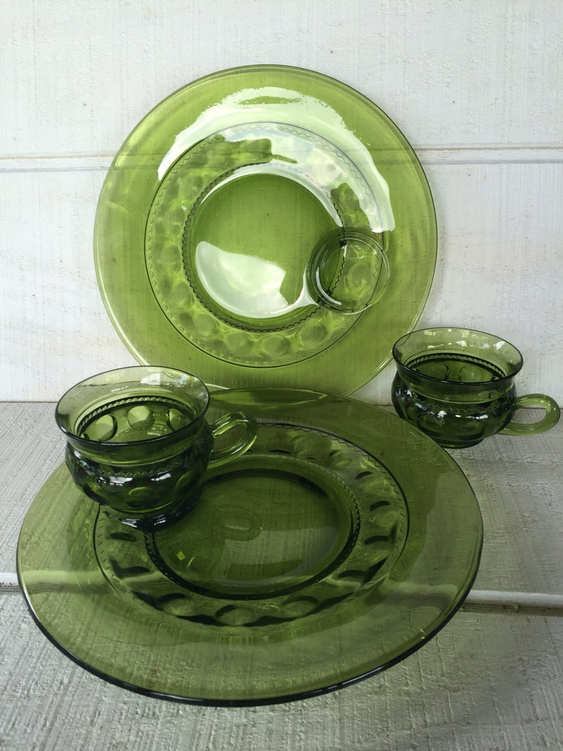 Vintage Green Glass Snack Plates and Cups Crown Green Kings Etsy