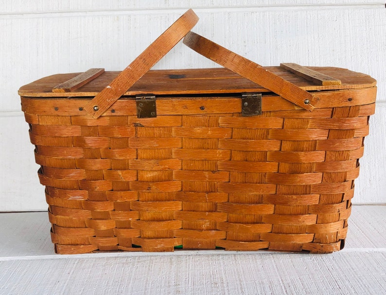 Vintage Wood Picnic Basket 1960s Picnic Basket Large Woven Etsy