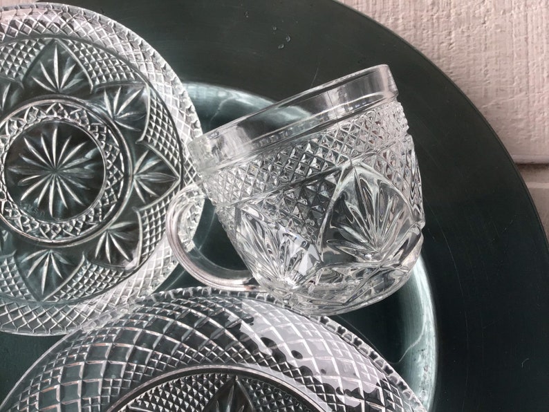 Vintage Clear Glass Dinnerware Cut Glass Plates Cups Saucer Etsy