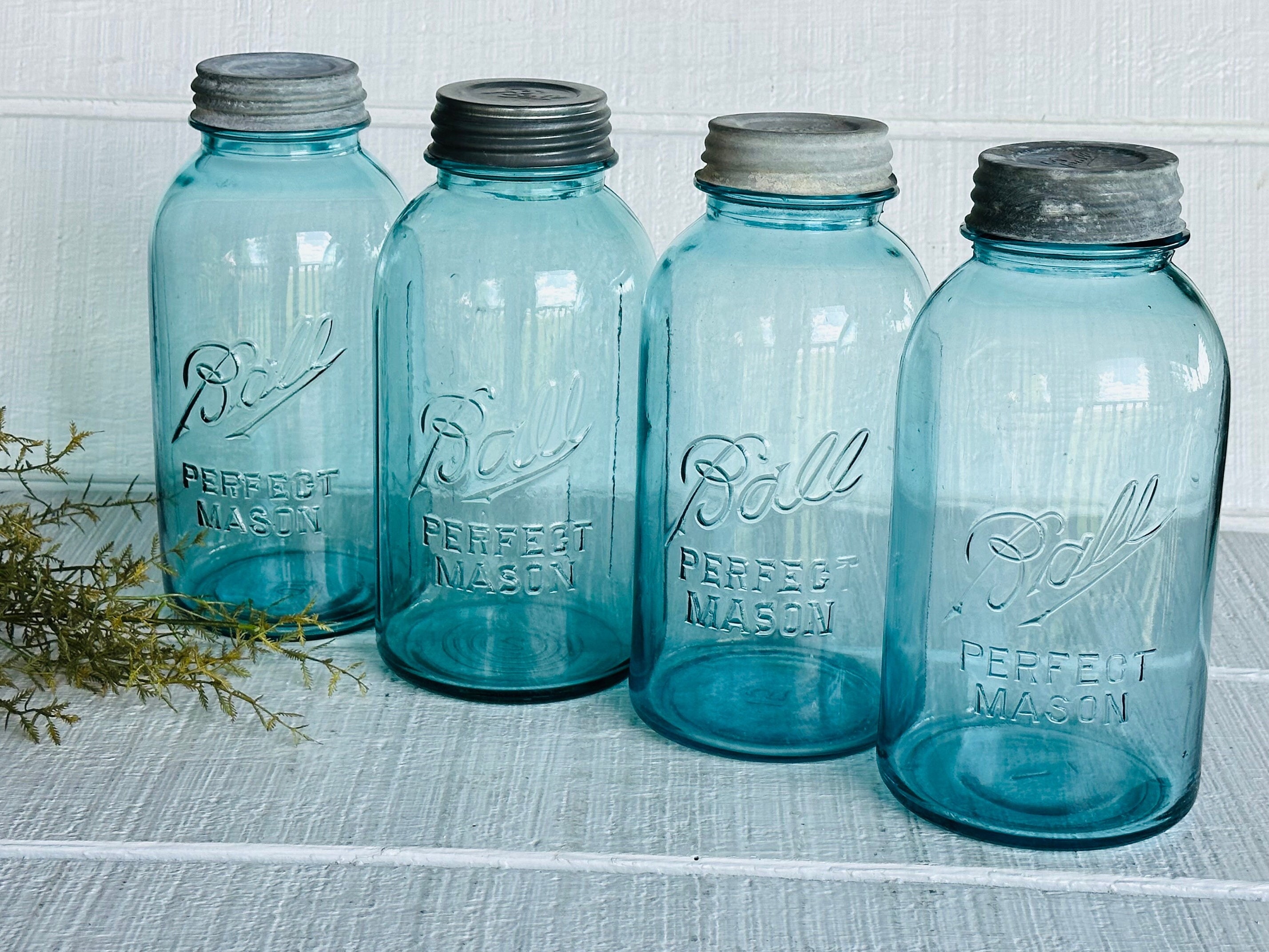 Vintage Half Gallon BLUE Ball Jar with zinc lid Perfect Mason ~ great for Rustic Wedding Bouquets Old Canning Jar Antique storage jar 1920a